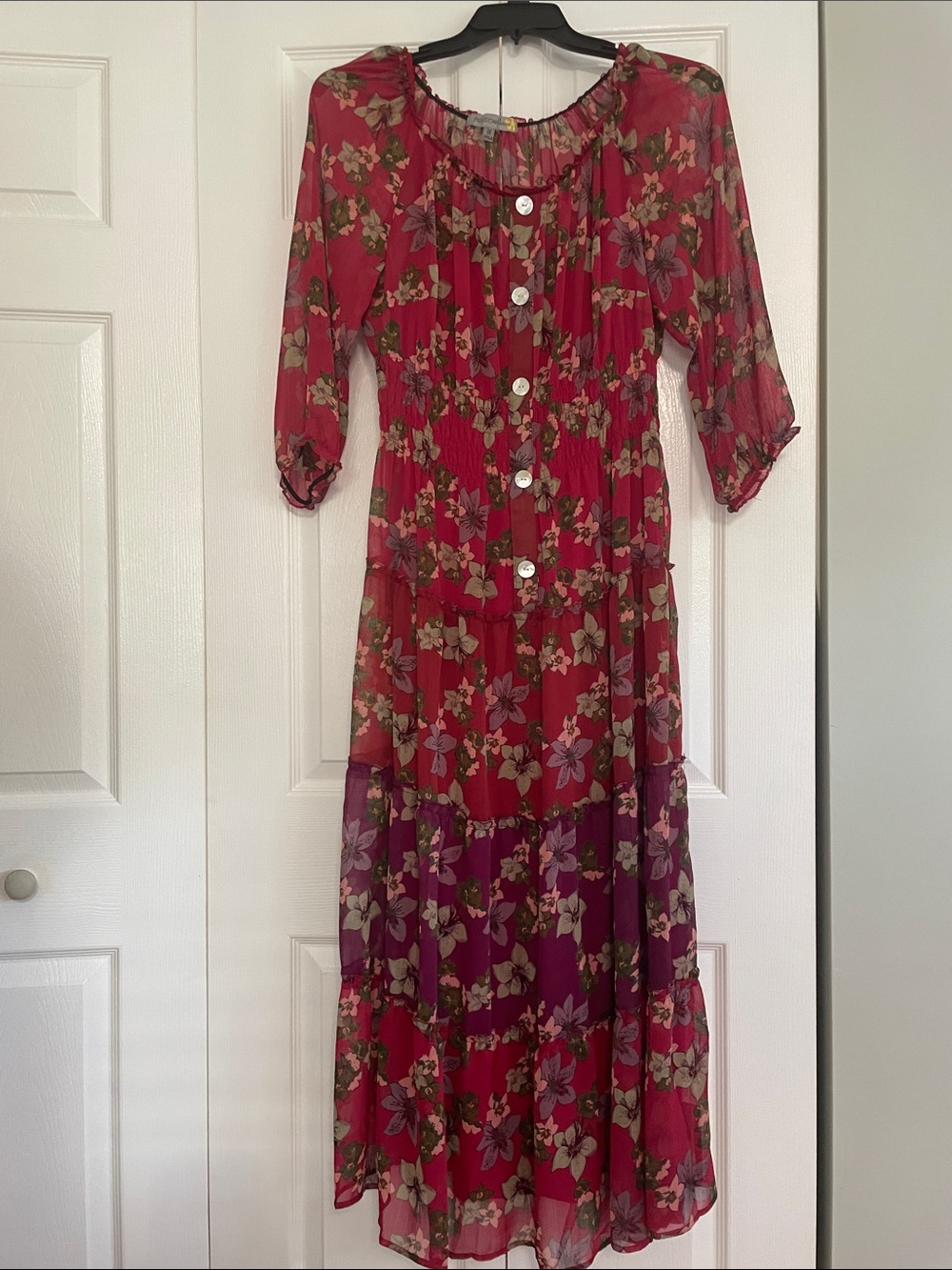 Red & Purple Floral Maxi Dress with Button Front